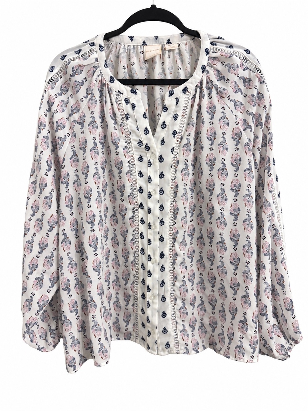 Zac & Rachel Women’s Floral Paisley Blouse White Blue Pink Crochet Balloon XL